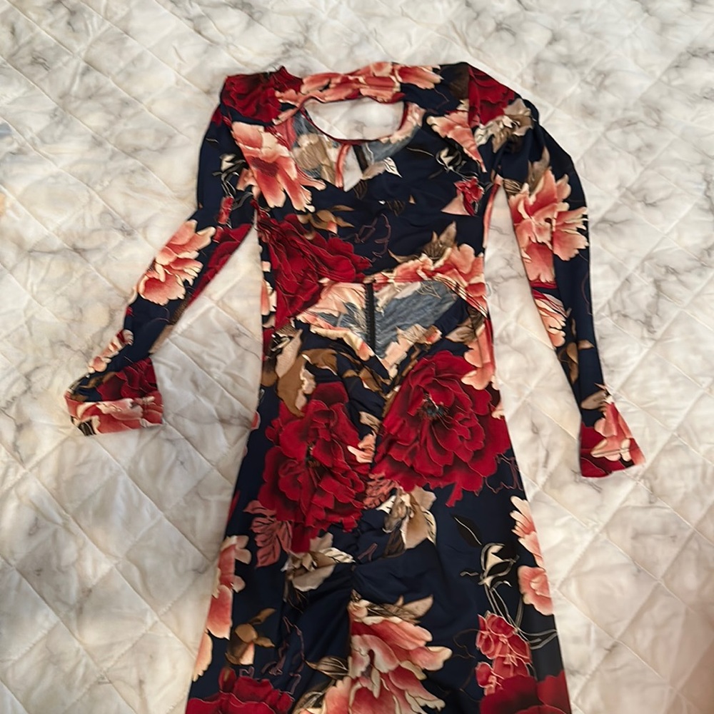 Dress with flowers, mid long, red, long sleeve